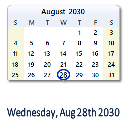August 28, 2030 calendar