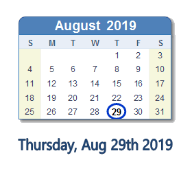 August 29, 2019 calendar