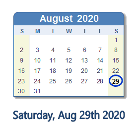 August 29, 2020 calendar