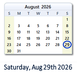 29 August 2026 calendar