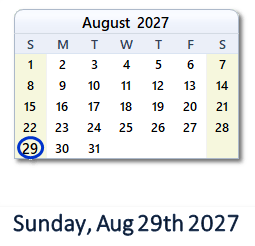 August 29, 2027 calendar