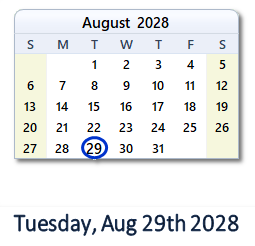 August 29, 2028 calendar