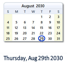 August 29, 2030 calendar