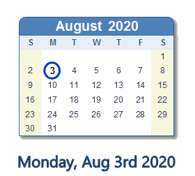 August 3, 2020 calendar