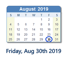 August 30, 2019 calendar
