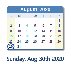 August 30, 2020 calendar
