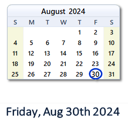 30 August 2024 calendar