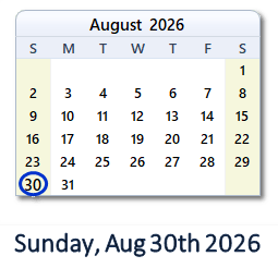 August 30, 2026 calendar