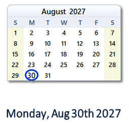 30 August 2027 calendar