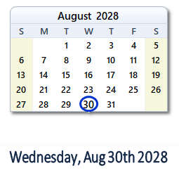 August 30, 2028 calendar