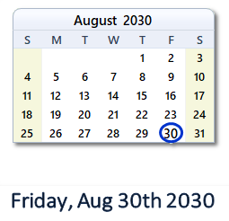 August 30, 2030 calendar