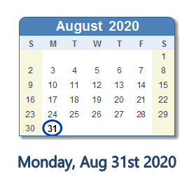August 31, 2020 calendar