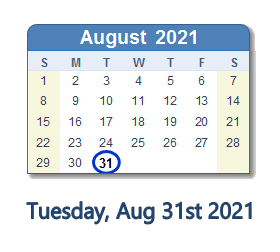 August 31, 2021 calendar
