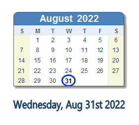 August 31, 2022 calendar