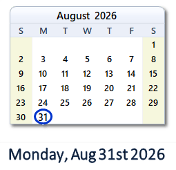 August 31, 2026 calendar