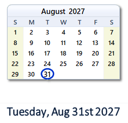 August 31, 2027 calendar