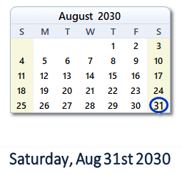 August 31, 2030 calendar