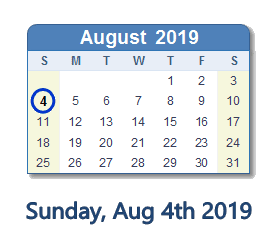 August 4, 2019 calendar
