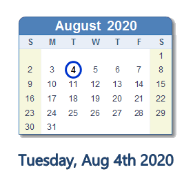 August 4, 2020 calendar