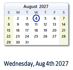 August 4, 2027 calendar
