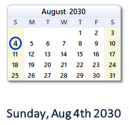 August 4, 2030 calendar