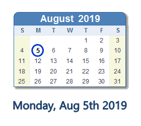 August 5, 2019 calendar