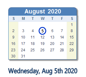 August 5, 2020 calendar