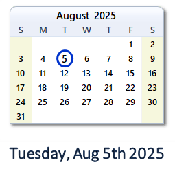 August 5, 2025 Calendar with Holidays & Count Down - USA