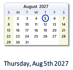 August 5, 2027 calendar