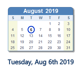 August 6, 2019 calendar