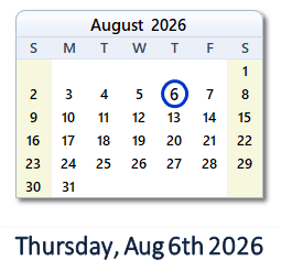 6 August 2026 calendar