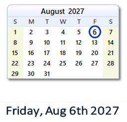 August 6, 2027 calendar