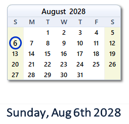 August 6, 2028 calendar
