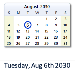 August 6, 2030 calendar