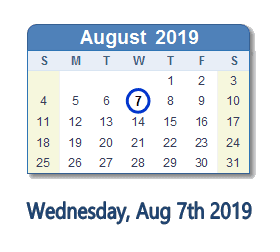 August 7, 2019 calendar