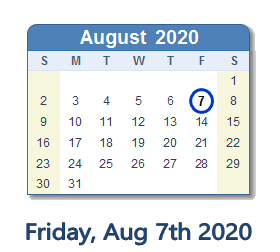 August 7, 2020 calendar