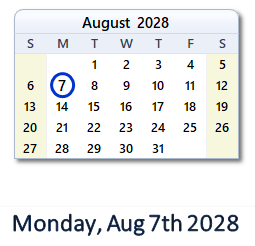 August 7, 2028 calendar