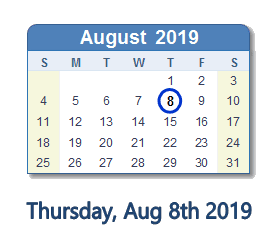 August 8, 2019 calendar