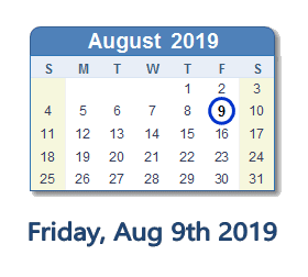 August 9, 2019 calendar