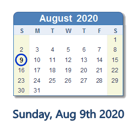 August 9, 2020 calendar