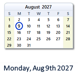 August 9, 2027 calendar