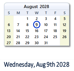 August 9, 2028 calendar