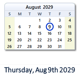 August 9, 2029 calendar