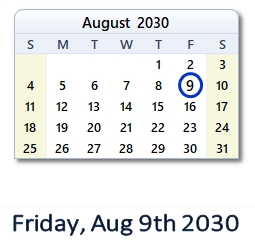 August 9, 2030 calendar