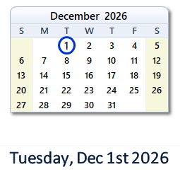 1 December 2026 calendar