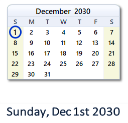December 1, 2030 calendar
