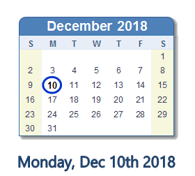 December 10, 2018 calendar