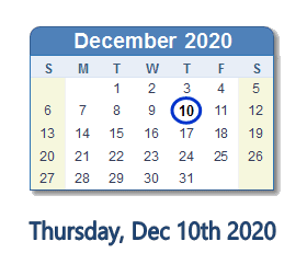 December 10, 2020 calendar