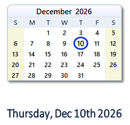 10 December 2026 calendar