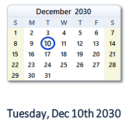 December 10, 2030 calendar